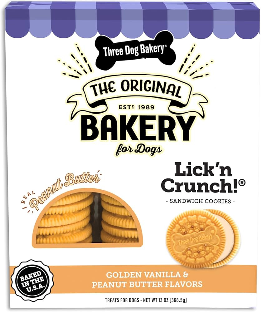 Three Dog Bakery Classic Cremes Baked Dog Treats, Golden with Peanut Butter Filling, 13 oz,Brown,... | Amazon (US)