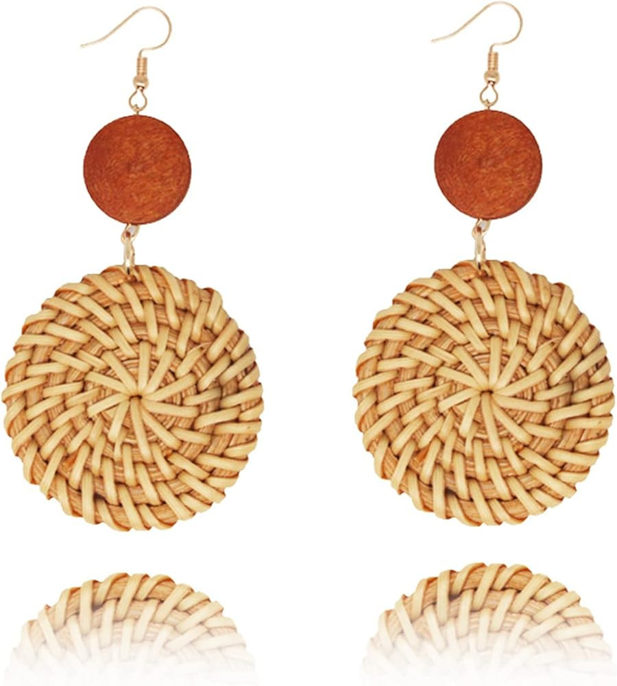 QUPENGXU Statement Rattan Drop Dangle Earrings Handmade Bohemian Hoop Beach Earrings For Women | Amazon (US)