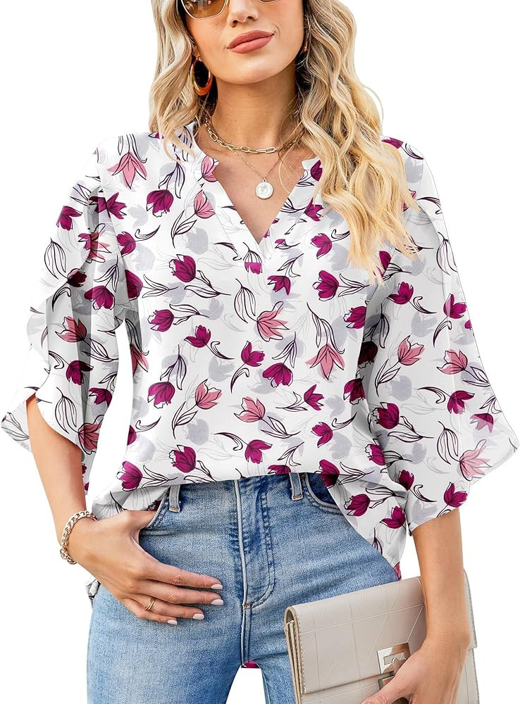 LUYAA Women's Casual Chiffon Blouse Tops 3/4 Ruffled Sleeve V Neck Loose Fit Blouses Shirts | Amazon (US)