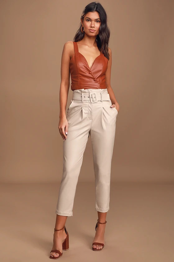 Drop the Beat Ecru Vegan Leather Belted Pants | Lulus