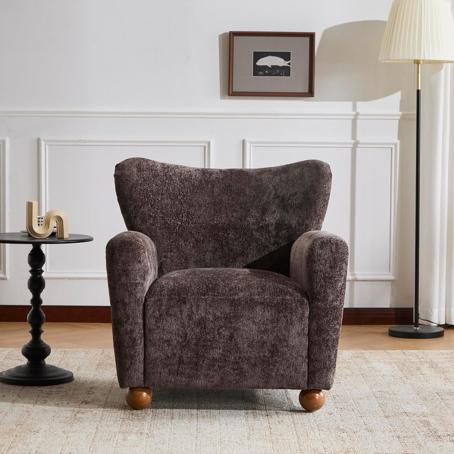 Christopher Knight Home Lindy Wingback Accent Chair, Upholstered Armchair with Rounded Wooden Legs, Curved Backrest Single Sofa, Soft Cushion Seating, Comfy Lounge Chair for Living Room, Dark Brown | Amazon (US)
