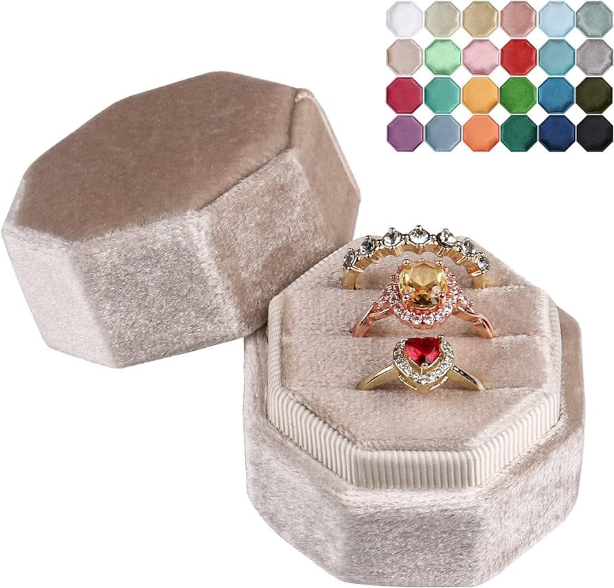 JIDUO Velvet Ring Box for Proposal 3 Slots Octagon Wedding Ring Storage Jewelry Boxes, Perfect fo... | Amazon (US)