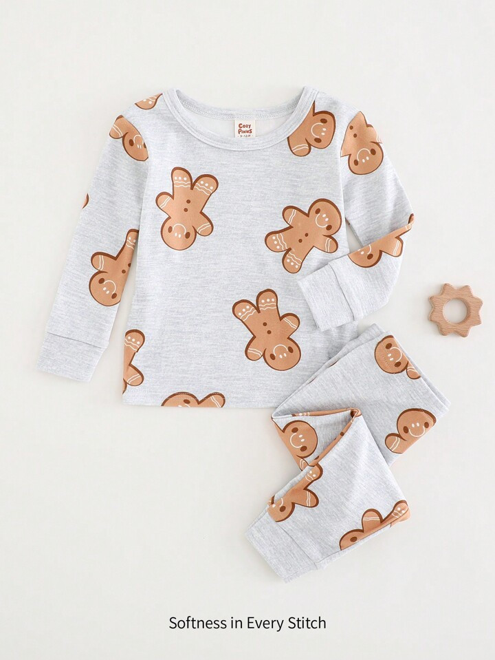 Cozy Pixies Baby Boy Gingerbread Man Pattern Knit Soft Snug Fit Long Sleeve Crew Neck Top And Lon... | SHEIN