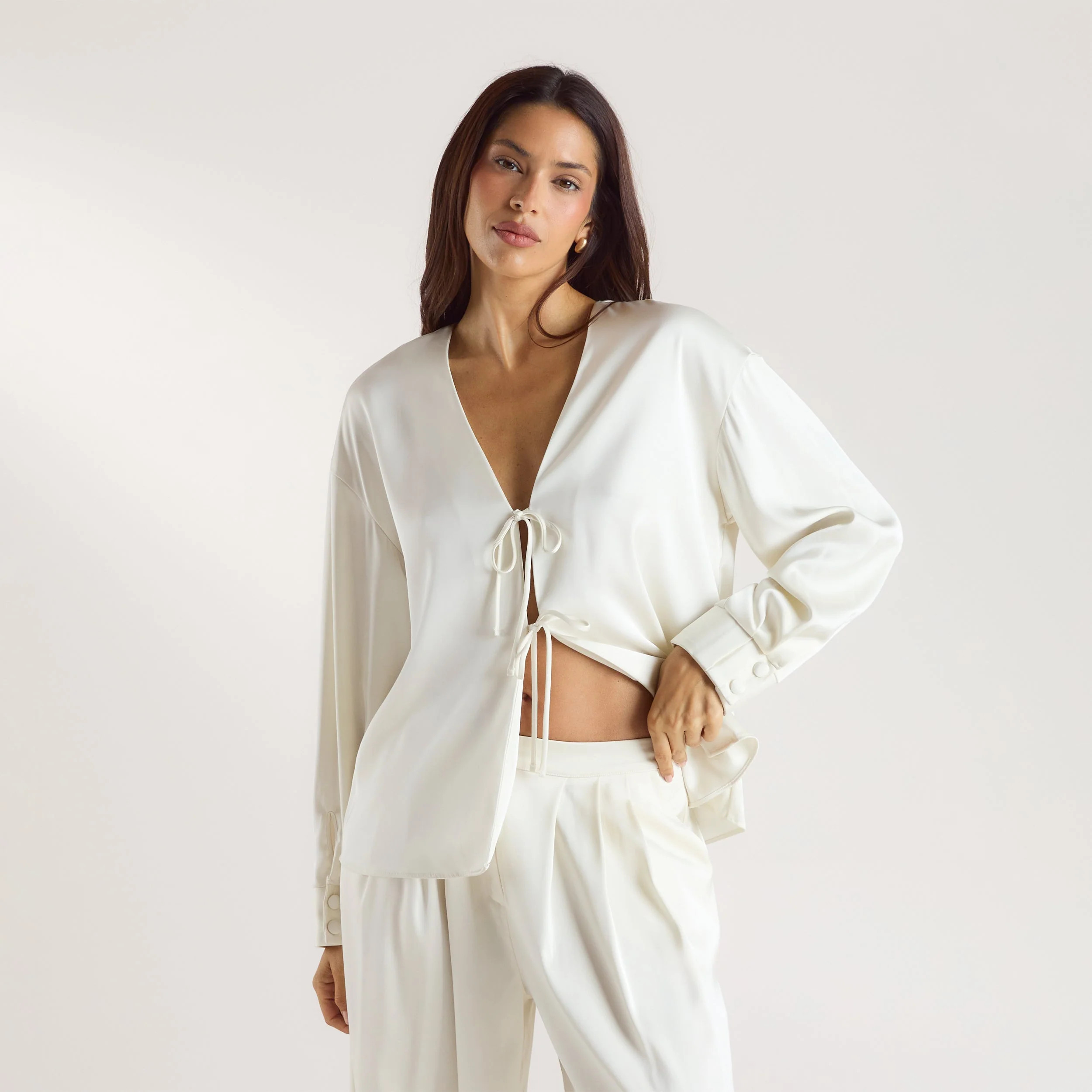 Mimi Long-Sleeved Satin Tie Shirt - Cream | Lounge (UK)