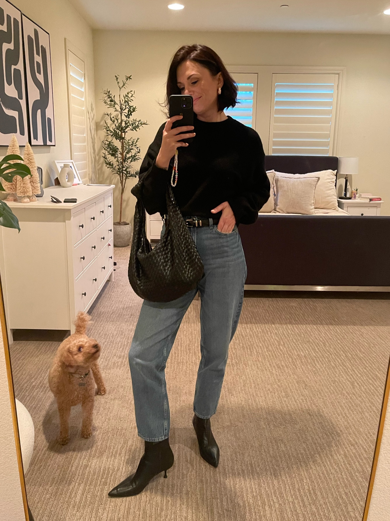 Classic look that never fails when you don’t know what to wear 
Black and denim 🫶🏼
Black sweater, mom jeans, pointed black booties and woven knit bag from anthropology 
Bottega #lookforless earrings from Amazon #falloutfit 

#LTKstyletip #LTKitbag #LTKSeasonal