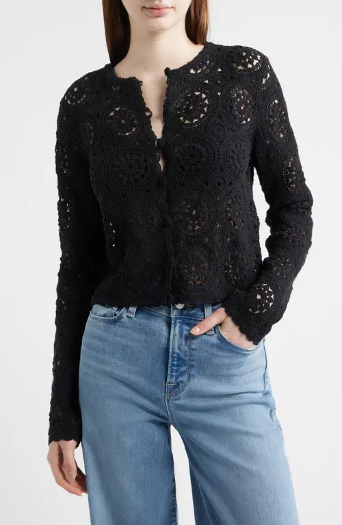 FRAME The Crochet Cotton Button-Up Cardigan in Black at Nordstrom, Size Small | Nordstrom