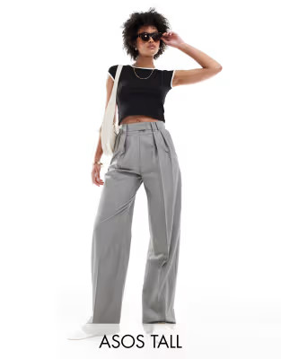 ASOS DESIGN Tall tailored wide leg pants with pleat detail in gray | ASOS (Global)