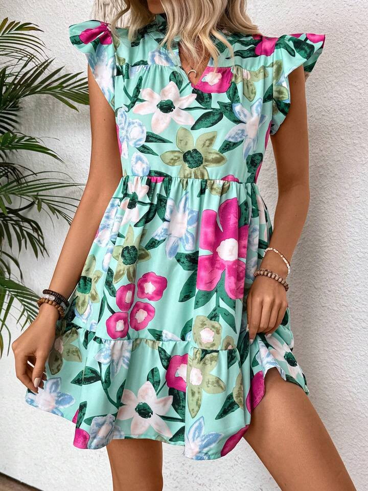 Breezaya Women Summer Holiday Floral Printed V-Neck Cap Sleeve Dress With Slit | SHEIN