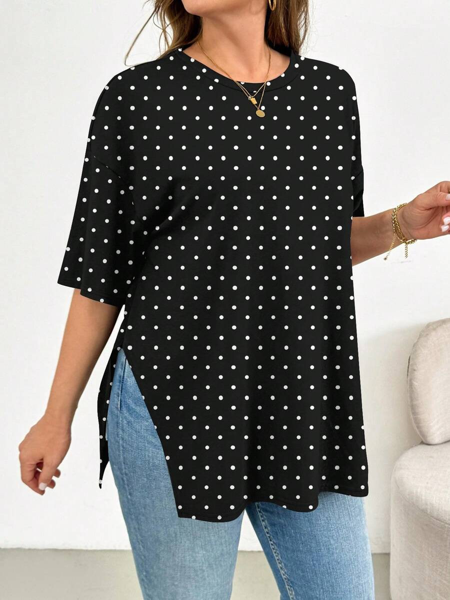 SHEIN Essnce Black Background White Polka Dot Print Loose Fit Round Neck Short Sleeve T-Shirt Wit... | SHEIN