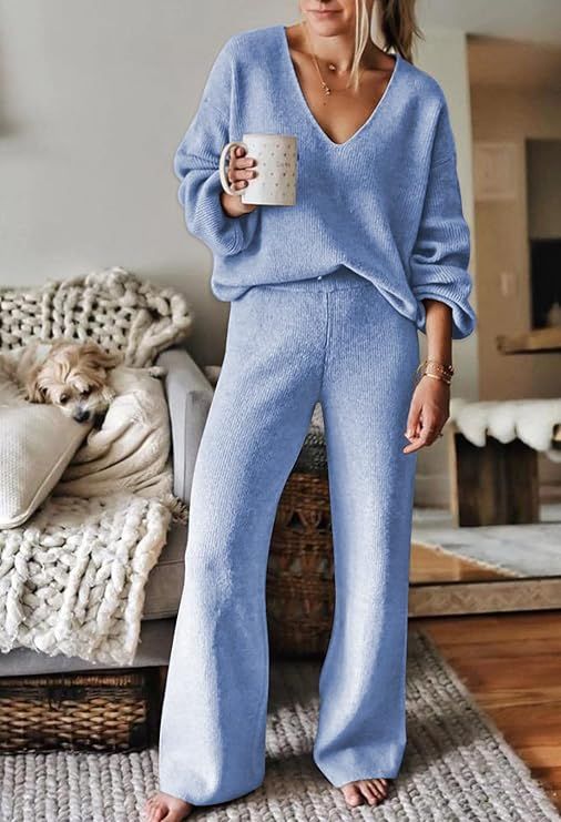 Viottiset Women's 2 Piece Outfits Casual V Neck Knit Wide Leg Sweater Lounge Set Sweatsuit | Amazon (US)