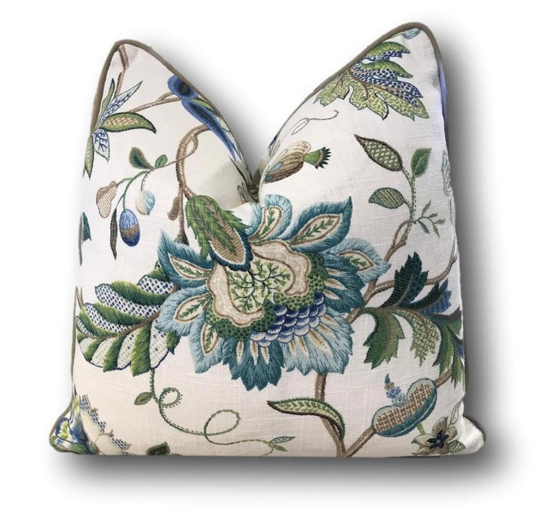 Kravet Ingrid 315 Pillow Cover With PIPING W/ivory Linen Reverse Blue Floral Pillow Cover Decorat... | Etsy (US)