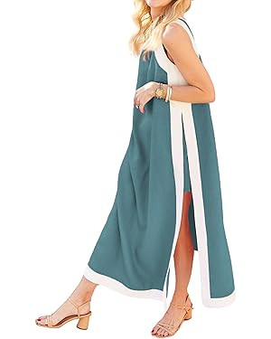 Hooever Women's 2 Piece Sets Boho Color Block Sleeveless Maxi Dress Matching Shorts with Pockets | Amazon (US)