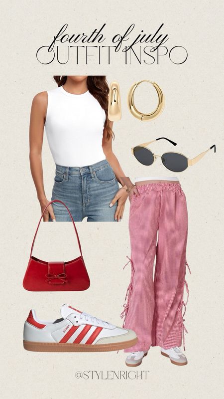 Fourth of July Outfit inspo!🩵🤍❤️🇺🇸

Fourth of July. red gingham pants.  Sneakers. Sambas. White tank. Sunglasses. Red shoulder bag. Red sunglasses.

#LTKStyleTip #LTKMidsize #LTKSeasonal