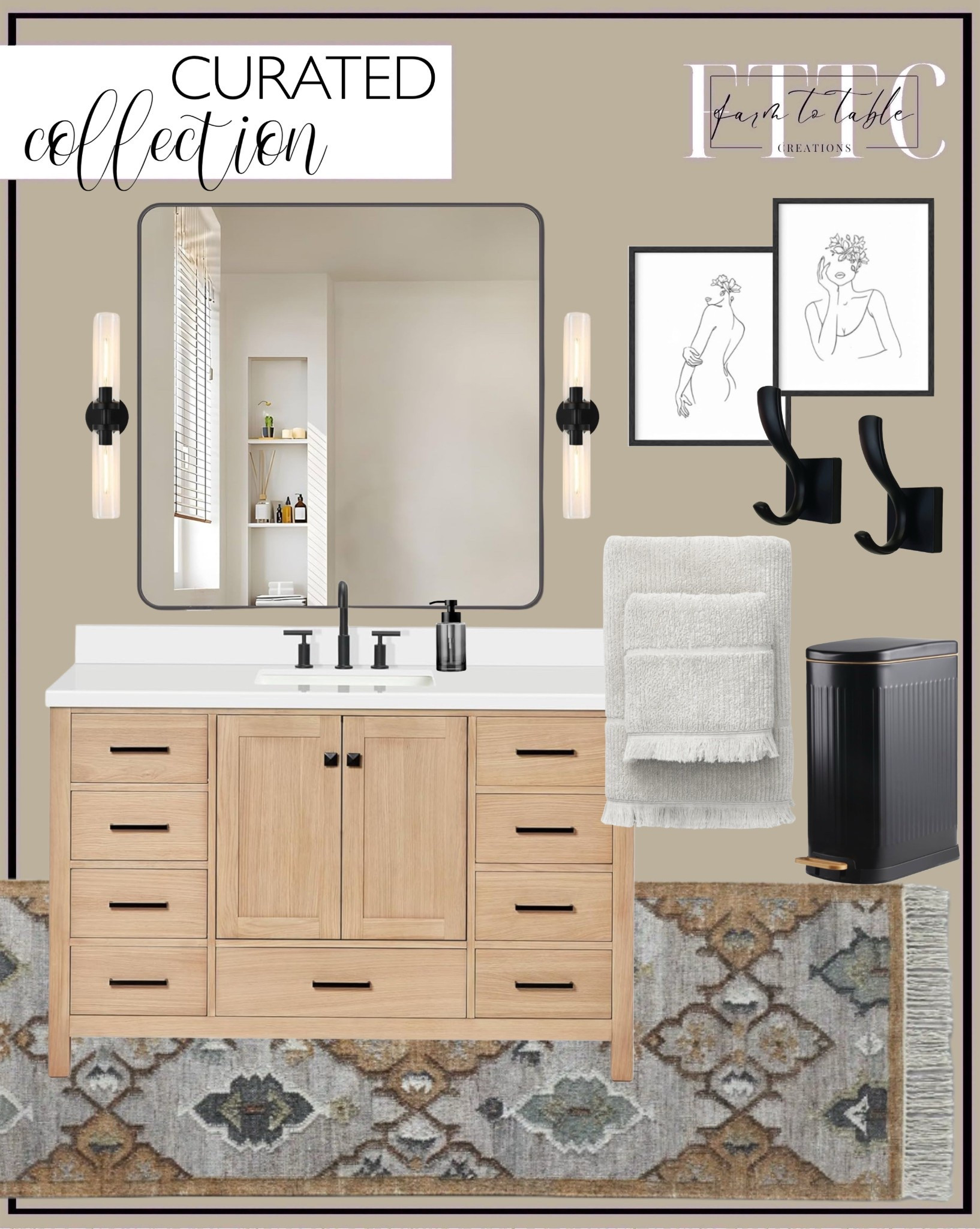 Curated Bathroom Collection. Follow @farmtotablecreations on Instagram for more inspiration.

Bathroom Vanity. Bathroom Mirror. Wall Sconces. Lido Runner Rug. Edessa Bath Collection. Towel Hooks. Foaming Soap Dispenser. Minimalist wall art. Bathroom Trash Can. 

Amazon Bathroom Finds | Spring Refresh |  Bedroom Finds | Neutral Stems | Spring Stems | Bookshelf Decor | Bedroom Space | Cozy Corner | Bathroom | Curated Entryway | Spring  Decor | End of Year Clearance | Trending Decor | Viral Decor  | Coffee Table Decor | Neutral Decor | Stem Sale | Target Finds | Skinny Bench | Bedroom | Living Room | Breakfast Nook | Amazon Home | Target Sale | Loloi Rugs | Magnolia Home | console table | console table styling | faux stems | entryway space | front porch decor | neutral decor | entryway decor | cozy home | affordable decor |  home decor | home inspiration | console styling | entryway rug | cozy moody home | moody home decor | neutral home | bathroom decor | living room | spring decor | Hearth & Hand | Studio McGee | 2025 Home Trends | trending home | Walmart Home Finds


#LTKHome #LTKSaleAlert #LTKFindsUnder50