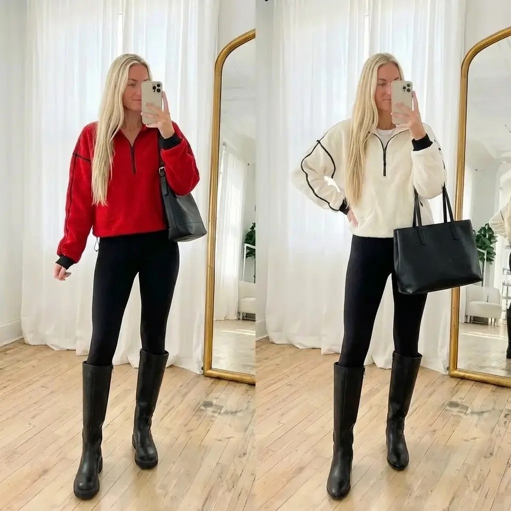 A minimalist mirror selfie in a sun-filled, neutral studio with sheer white curtains and warm wood floors. A blonde woman with long, straight hair wears a cozy half-zip pullover styled two ways: rich crimson red and soft winter white. The look is paired with sleek black leggings, tall black leather boots, and a structured black tote bag. Effortless, polished, and quietly luxurious — a timeless everyday outfit that blends comfort with elevated style. Natural light, calm tones, and an understated “old money” aesthetic create a refined, modern casual vibe.

⸻

HASHTAGS

#everydaystyle
#neutralstyle
#quietluxury
#effortlesschic
#falloutfits
#winteroutfits
#casualchic
#minimalstyle
#modernclassic
#athleisurewear
#oldmoneyaesthetic
#simpleoutfits
#capsulewardrobe
#halfzip
#wardrobebasics
#ootdinspo
#pinterestfashion
#amazonfashion
#cozystyle
#timelessfashion

#LTKGiftGuide #LTKdayinmylife #LTKHoliday