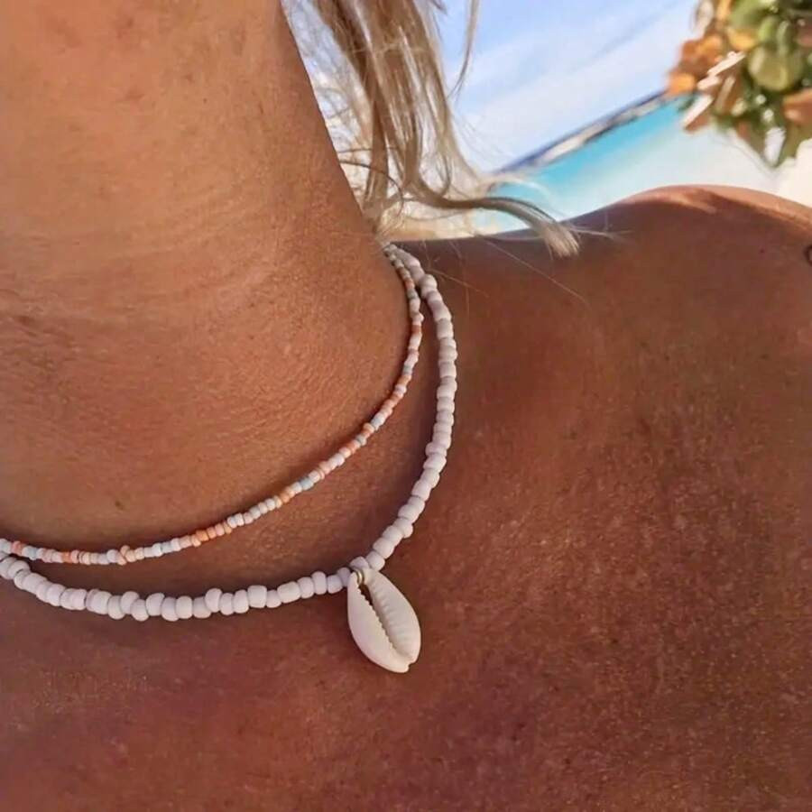 2pcs Bohemian Millefiori Bead & Shell Pendant Necklace, Beach Style Clavicle Chain For Women. Sui... | SHEIN