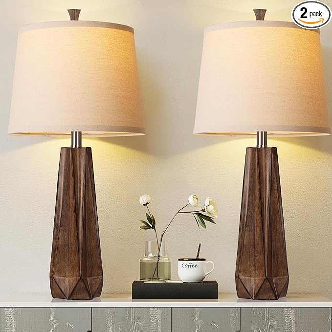 WIHTU 3 Color Temperature Table Lamps Set of 2, Beside Lamp with Linen Shade, 27'' Wood Grain Col... | Amazon (US)