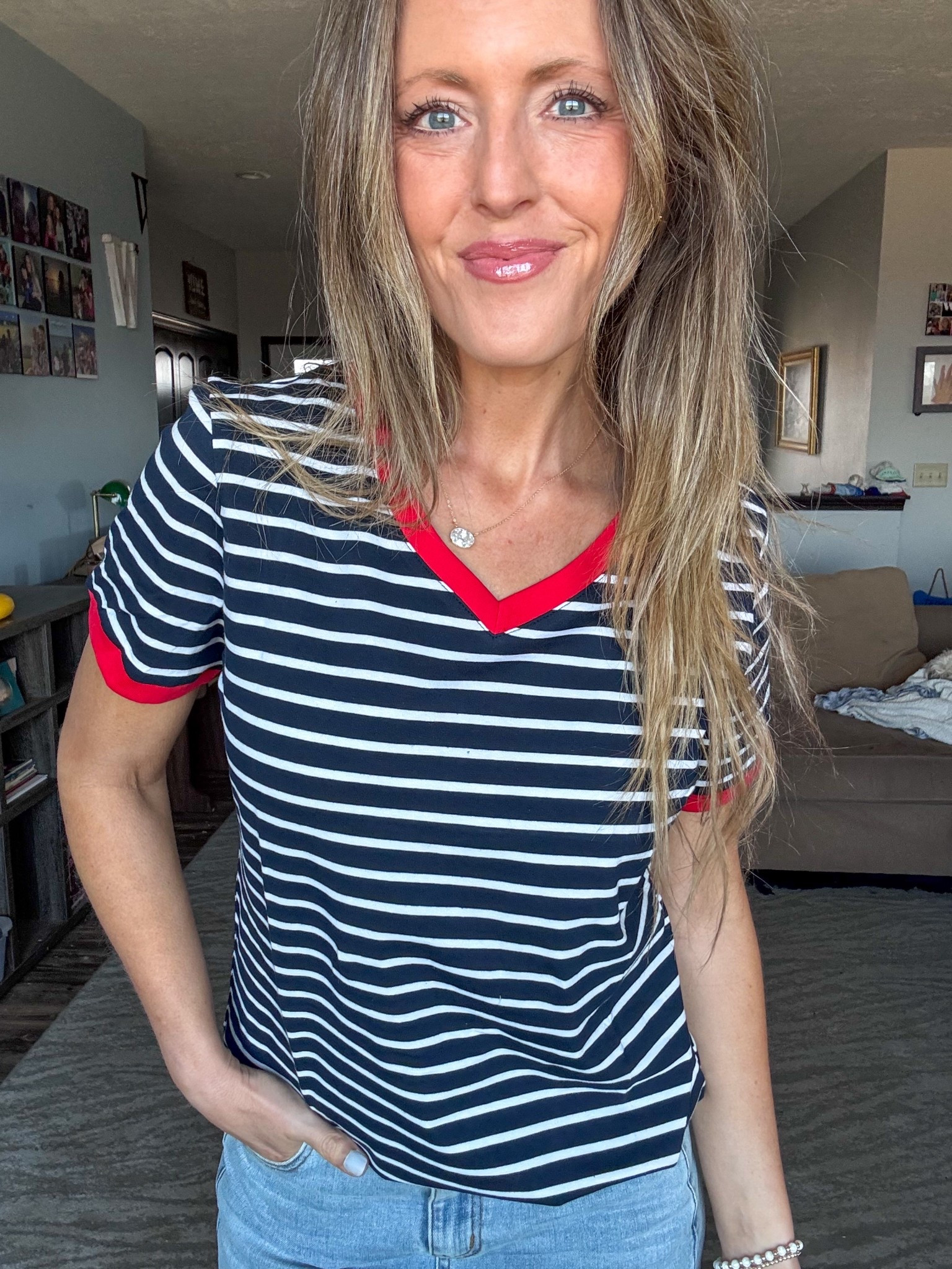 Love a good striped tee and this one is perfect! 💙 Love the navy, white and red. Wearing a small.

As an Amazon Influencer I earn commission on qualifying purchases.

Striped top, v neck tee, casual spring fashion, mom style, effortless fashionn

#LTKOver40 #LTKmomlife #LTKMidsize