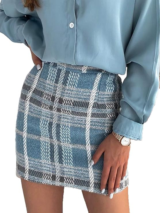 Miessial Women's Tweed Plaid Mini Skirts High Waist A-Line Short Pencil Skirts | Amazon (US)