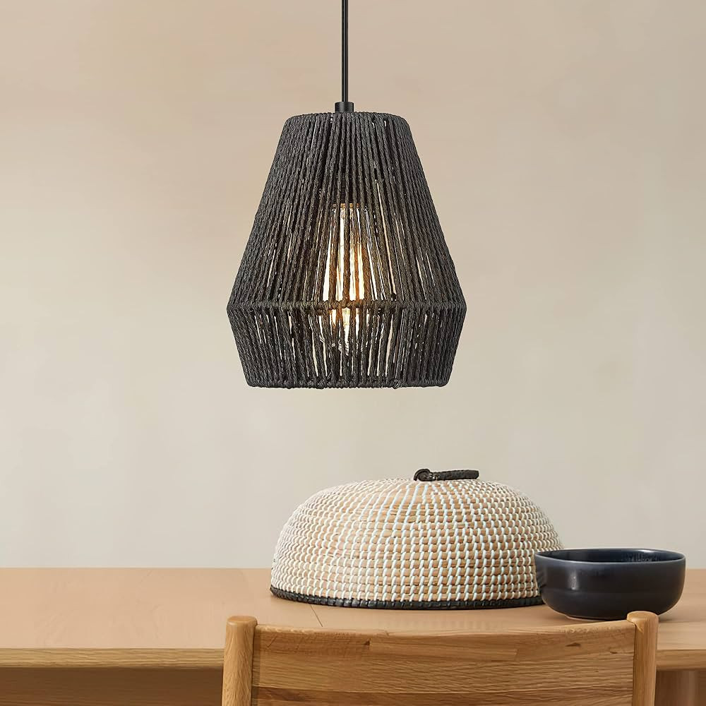 Woven Pendant Light Fixtures, ELYONA 7" Farmhouse Coastal Hanging Lamp with Matte Black Handwoven... | Amazon (US)