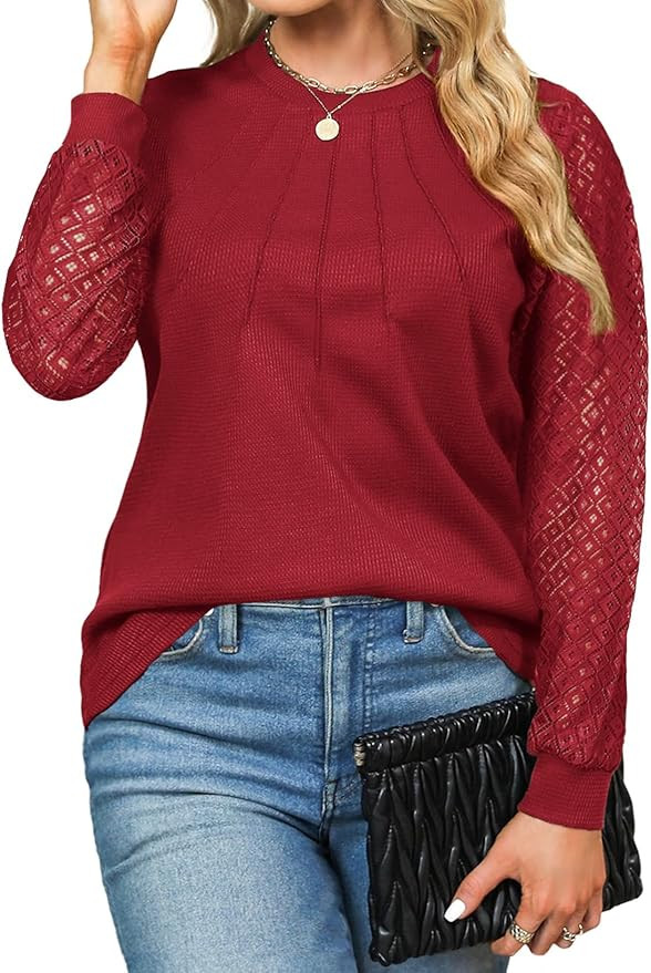 Eytino Womens Plus Size Tops Long Sleeve Lace Round Neck Casual Loose Blouses T Shirts(1X-5X) | Amazon (US)