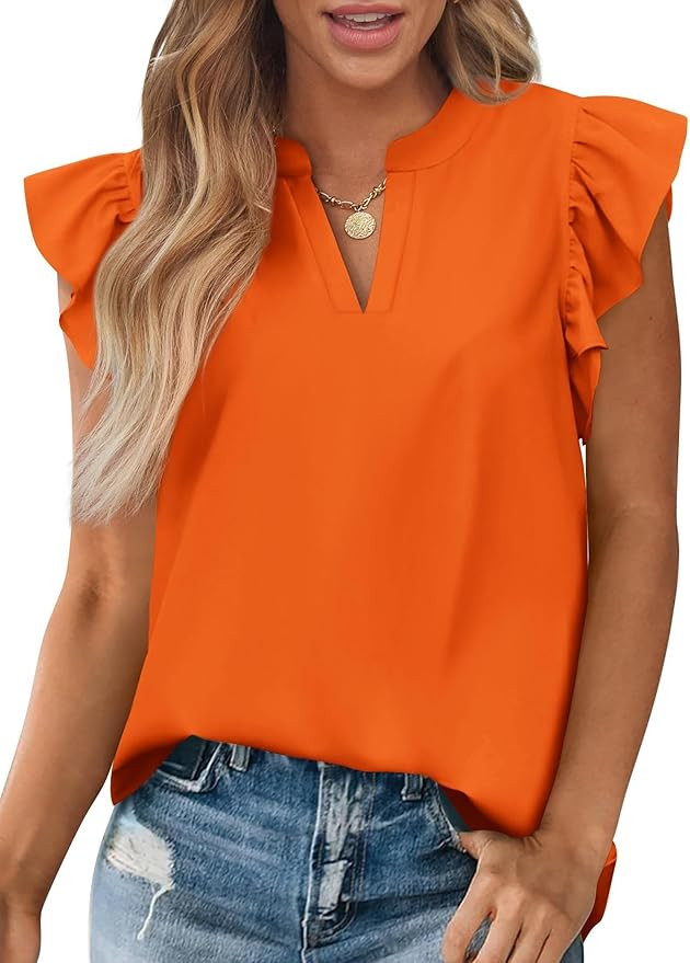 Zenlonr Womens Summer Tops 2026 Casual V Neck Ruffle Cap Sleeve Blouse Shirts Solid Color Tunic T... | Amazon (US)