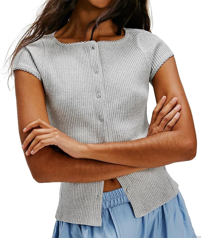 Womens Ribbed Short Sleeve Sweater Cardigan Button Down Shirts Cardigan Blouses for Women Dressy ... | Amazon (US)