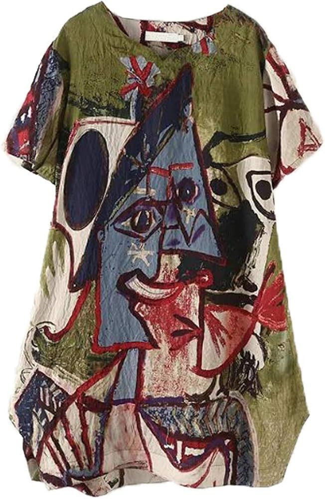 FTCayanz Women's Casual Midi Dresses Short Sleeve Loose Print T Shirt Dress with Pockets | Amazon (US)