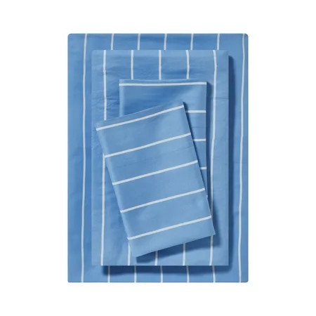 Mainstays Dreamy Soft 4-Piece Bed Sheet Set, 100% Cotton, 220 Thread Count Brushed and Washed Sateen, Deep Pocket, King, Blue and White Stripe | Walmart (US)