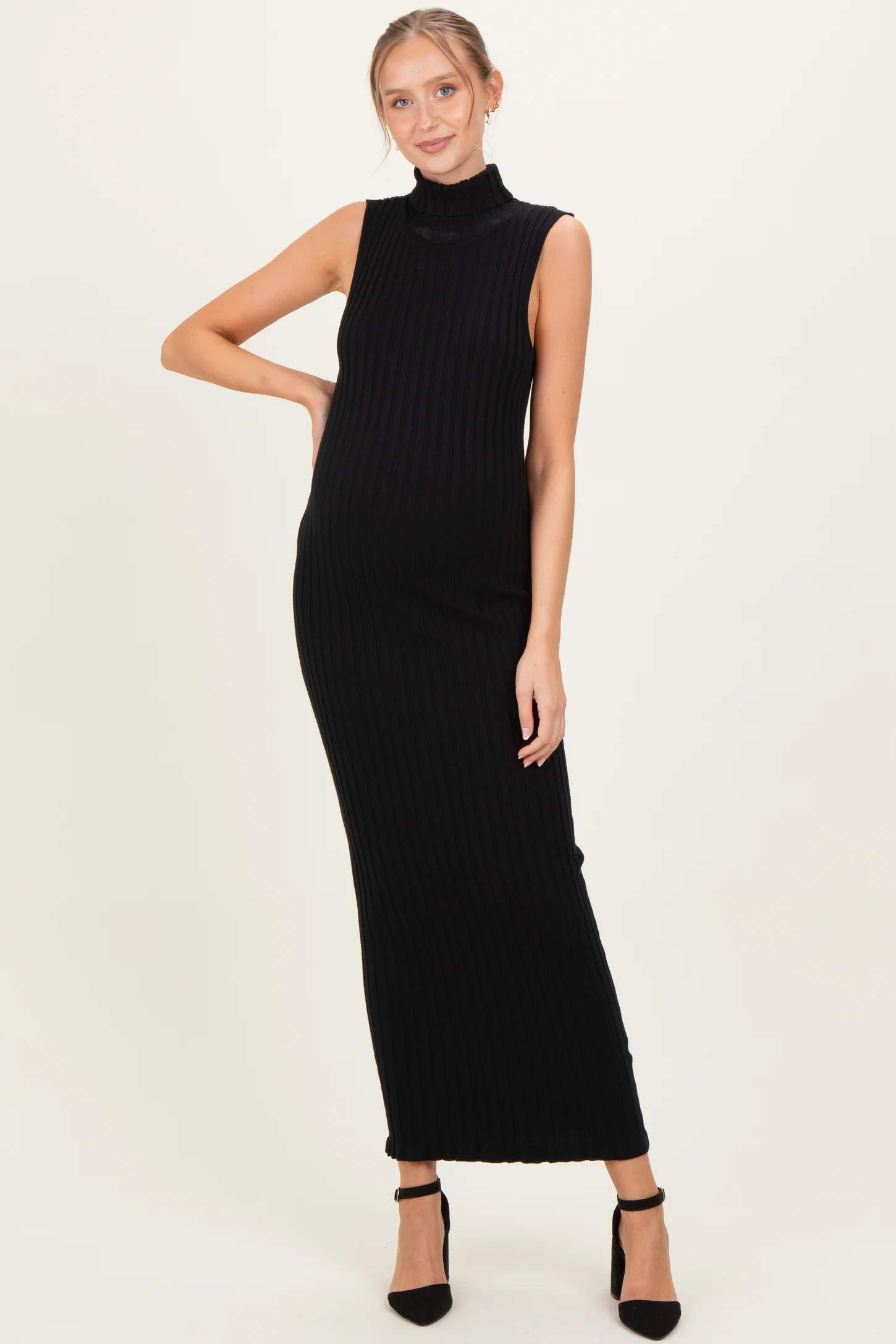 Black Turtleneck Ribbed Knit Sleeveless Maternity Maxi Dress | PinkBlush Maternity