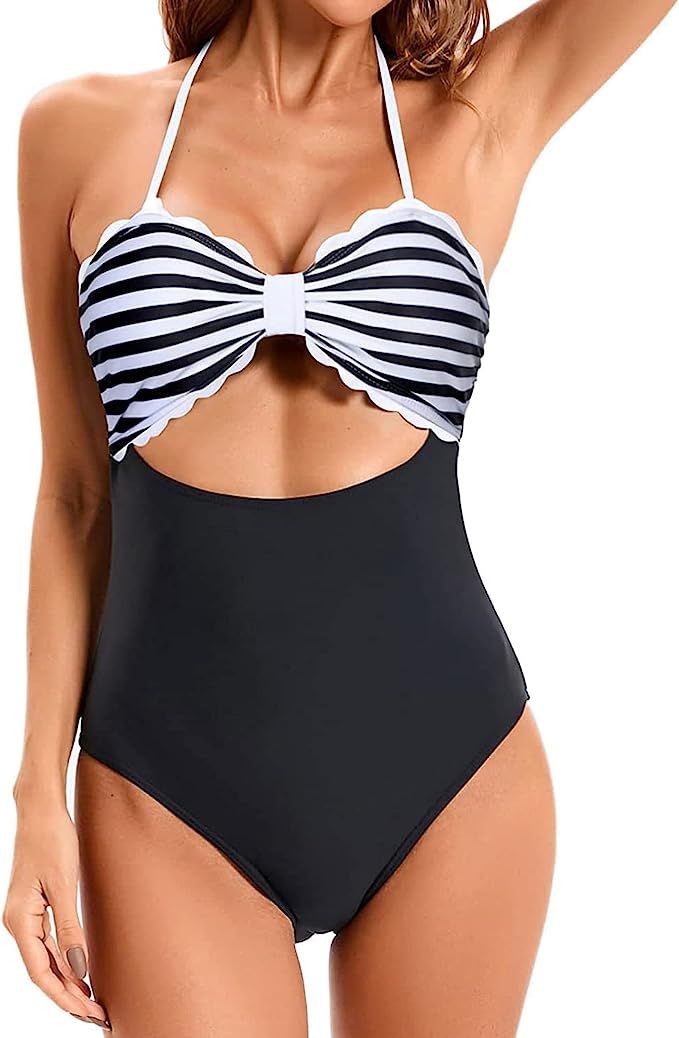 Tempt Me Women Cutout One Piece Swimsuit Halter Sexy Scalloped Bathing Suit | Amazon (US)