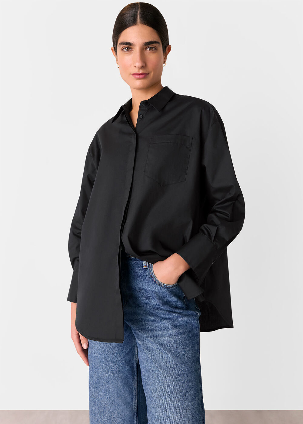 Black Oversized Cotton Shirt | WHISTLES | Whistles UK | | Whistles