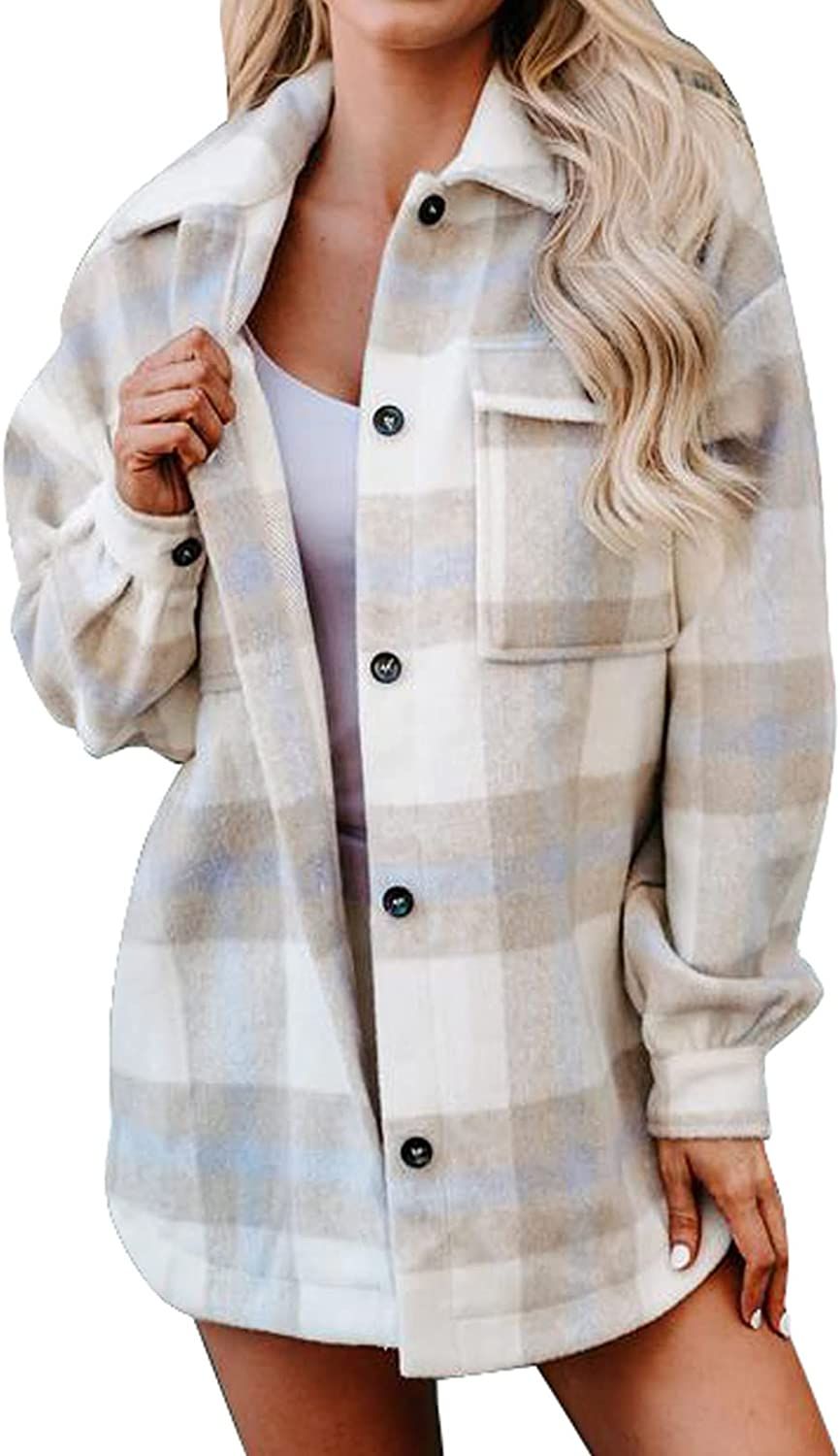 BTFBM Women's Plaid Button Down Shirts Casual Long Sleeve Lapel Flannel Shacket Jacket Coats Blou... | Amazon (US)