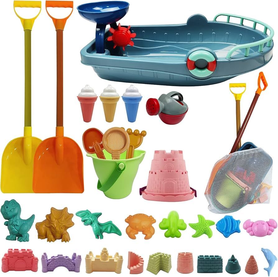 IOKUKI Long Shovels Sand Toys Set with Mesh Bag Including Bath Boat, Castle Building Kit Beach Bu... | Amazon (US)