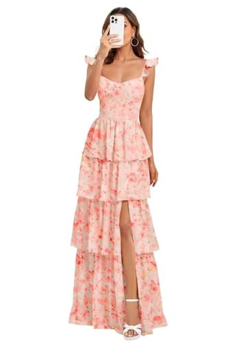 Ibpdea Floral Chiffon Prom Dresses Tiered Bridesmaid Dress with Ruffle Spaghetti Straps Formal Evening Gown with Slit Floral Peach Size 10 | Amazon (US)
