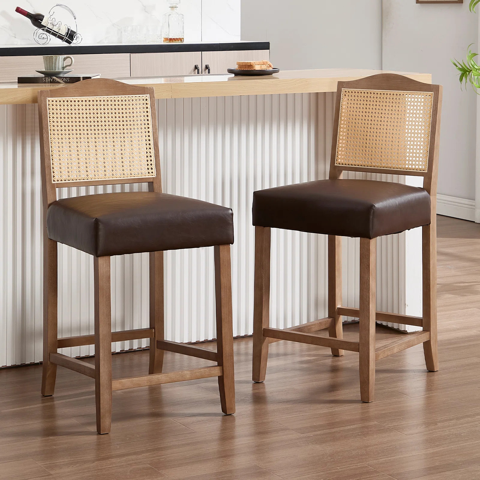 Counter Height Bar Stools Farmhouse Barstools With Rattan Back Comfortable Upholstered Bar Chairs For Kitchen Island | Wayfair North America