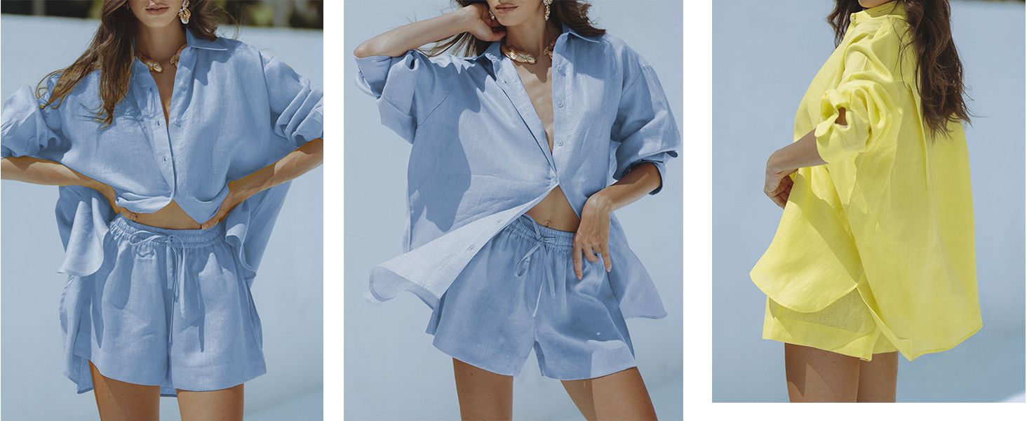 Fixmatti Women 2 Piece Outfits Long Sleeve Button Down Shirt and Shorts Set Casual Sweatsuits | Amazon (US)