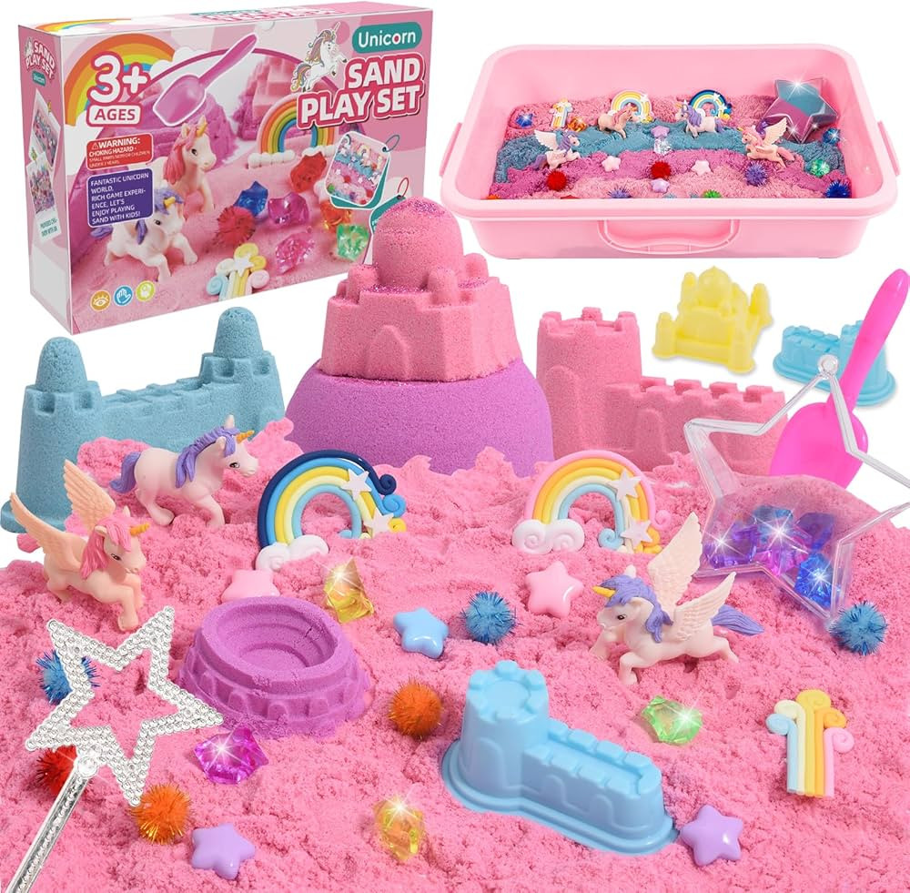 Volmop Unicorn Sensory Bin for Girl, 148pcs Play Sand Art Kit with Sandbox, 3.3lb Color Sand,Unic... | Amazon (US)