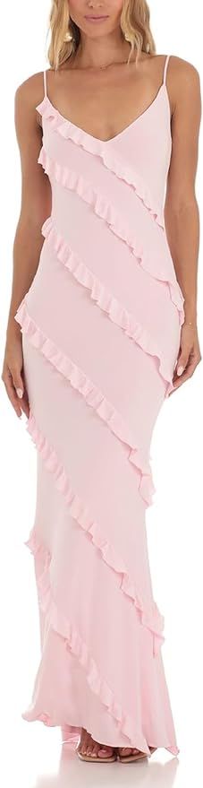 Juakoso Women Y2k Spaghetti Strap Maxi Dress Low Cut Ruffle Cami Long Dress Open Back Bodycon Dre... | Amazon (US)