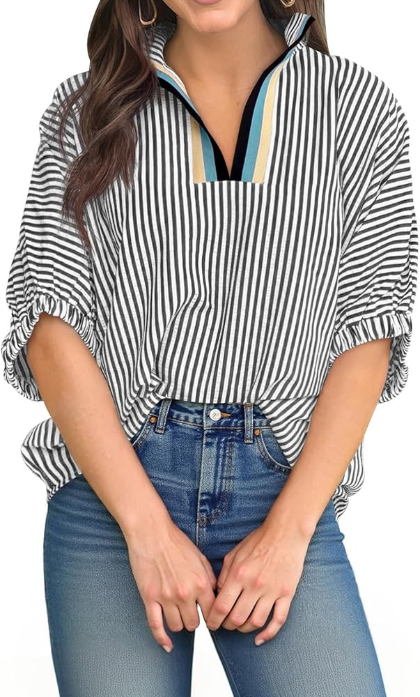 Tankaneo Womens V Neck Striped Blouse Oversized Dolman Sleeve Tops Summer Casual Loose Fit Polo S... | Amazon (US)
