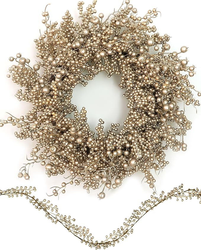 24 Inch Christmas Wreath Front Door Artificial Champagne Gold Wreath Elegant Blend of Golden Holl... | Amazon (US)