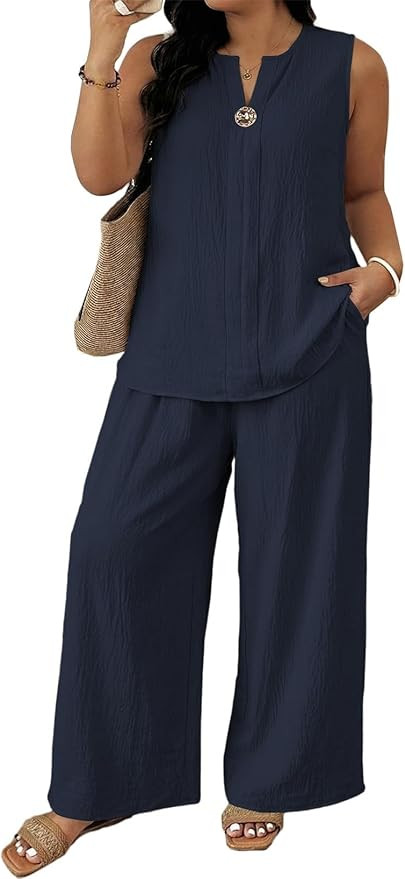 Plus Size 2 Piece Sets for Women Summer Travel Vacation Outfits Sleeveless Tops Wide Leg Pants Ma... | Amazon (US)