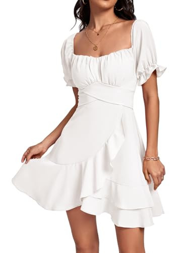 LYANER Women's Square Neck Ruffle Mini Dress Off The Shoulder Short Sleeve A Line Flowy Graduation Dresses Plain White Medium | Amazon (US)