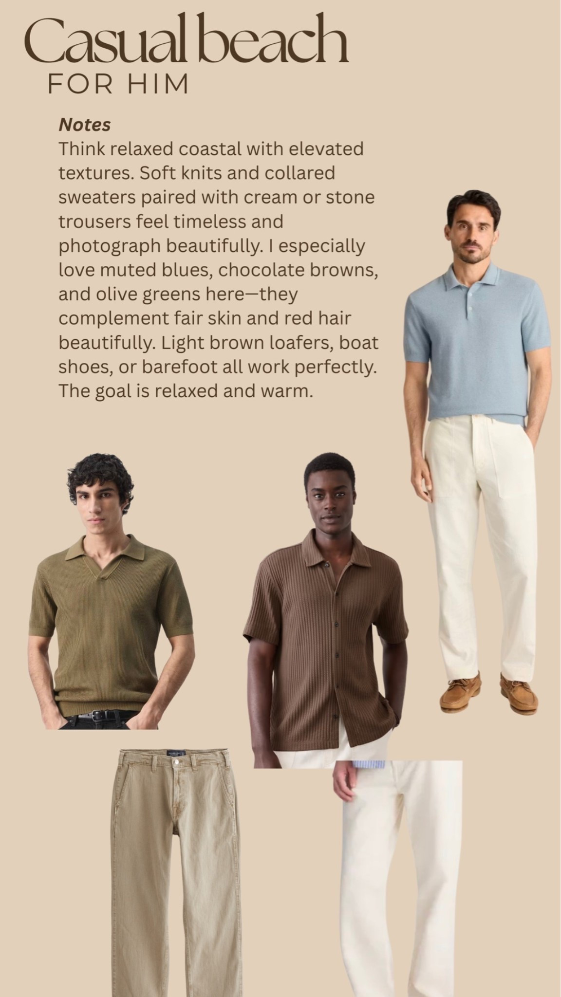 Casual Beach engagement photo outfit Soft knits, muted blues, olive greens, and cream trousers for a relaxed coastal look that photographs beautifully. Warm, effortless, and timeless.