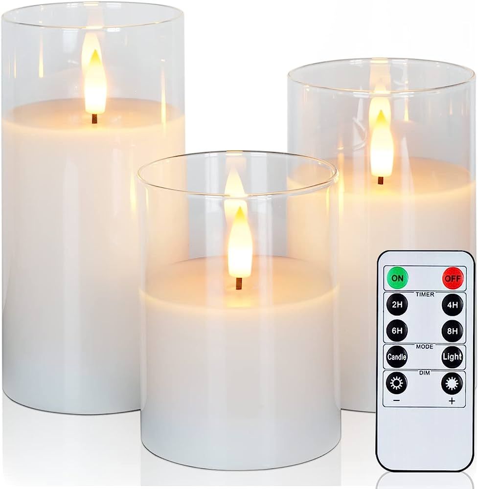 Amagic Clear Glass Flameless Candles Battery Operated with Timer, Remote Control, LED Pillar Cand... | Amazon (US)
