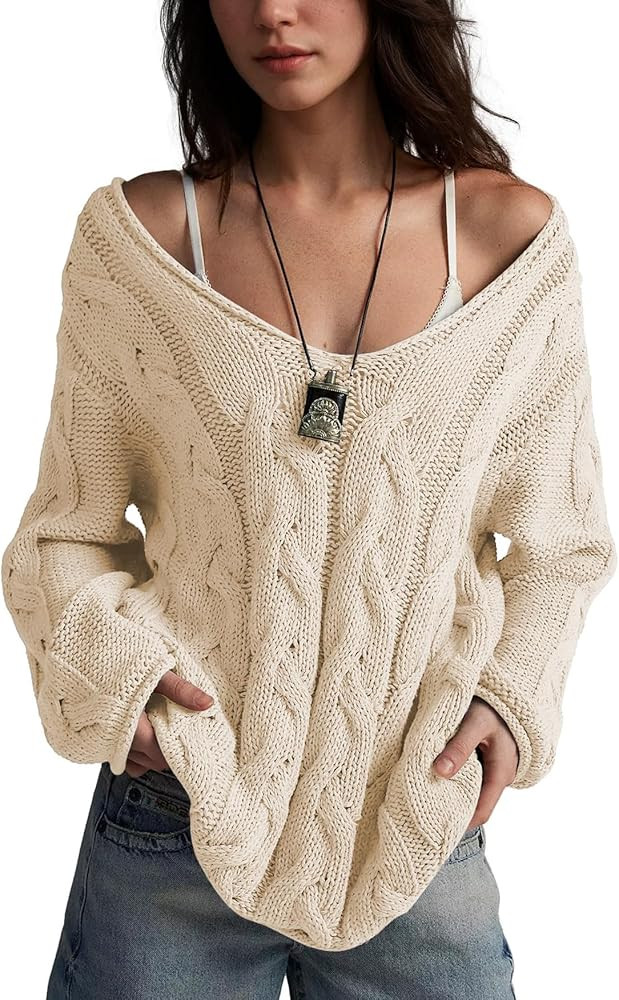 Womens Wide V-Neck Sweater Slouchy Oversized Trendy Tops Casual Long Sleeve Chunky Knit Outfits P... | Amazon (US)