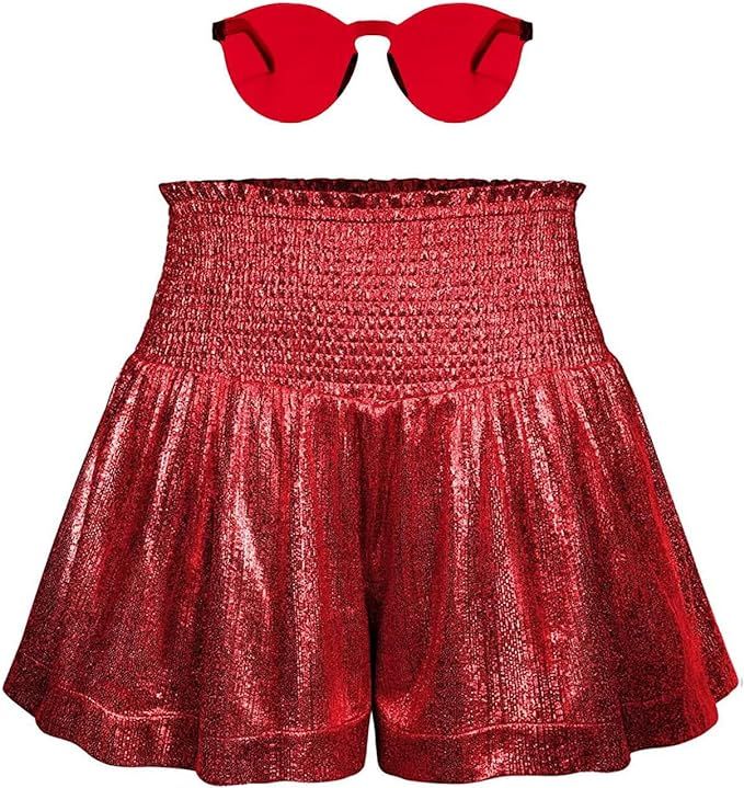 MAKARTHY Women's Metallic Shorts Elastic High Waist Shiny Sparkly Sequin Rave Pants with Glass | Amazon (US)