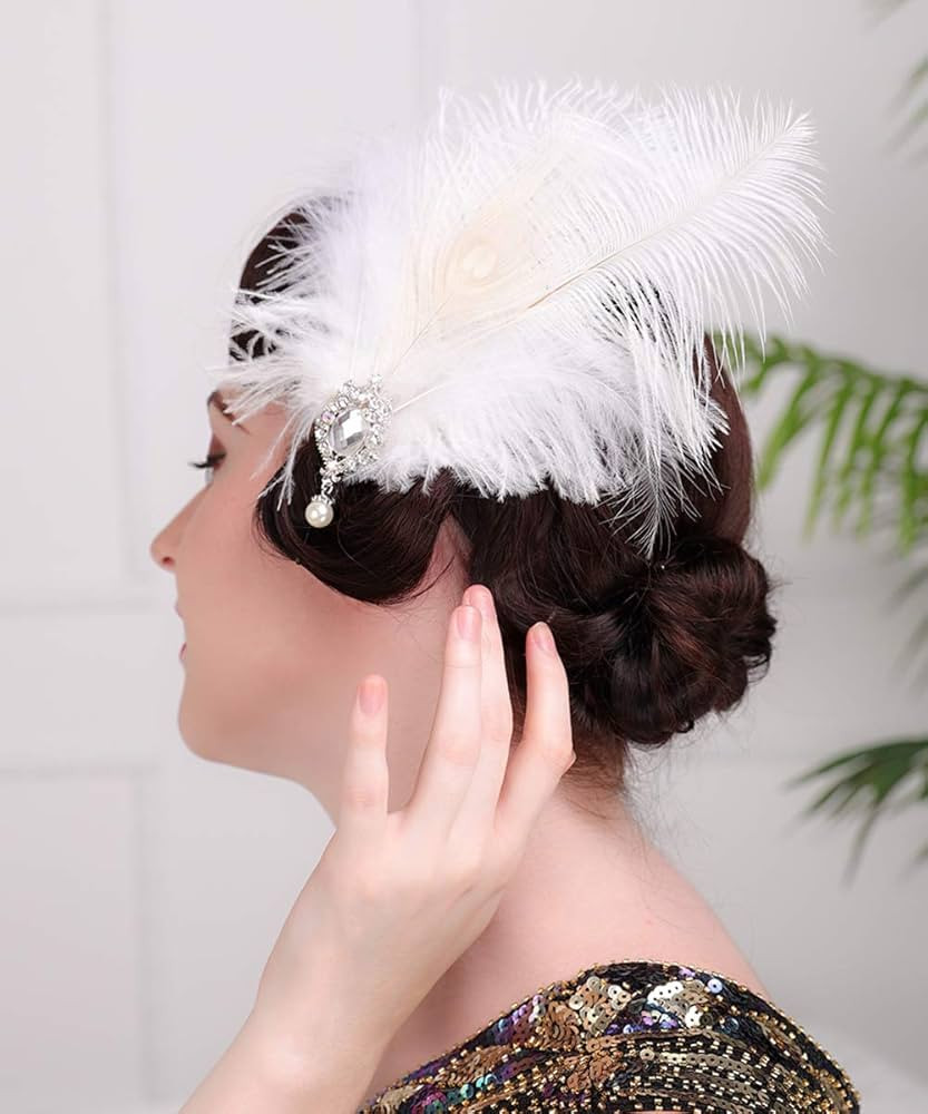 1920s Flapper White Feather Headpiece Crystal Pendant Hair Clip Roaring 20s Feather Accessories M... | Amazon (US)