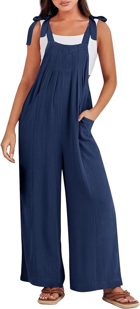 Linen Overalls for Women Loose Fit Pleated Wide Leg Jumpsuit Casual Sleeveless Adjustable Tie Str... | Amazon (US)