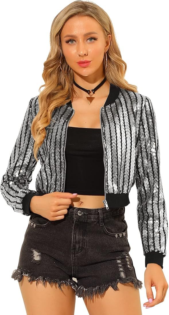 Allegra K Women's Sequin Jacket Shiny Zip Up Crop Halloween Sparkly Glitter Bomber Jackets | Amazon (US)